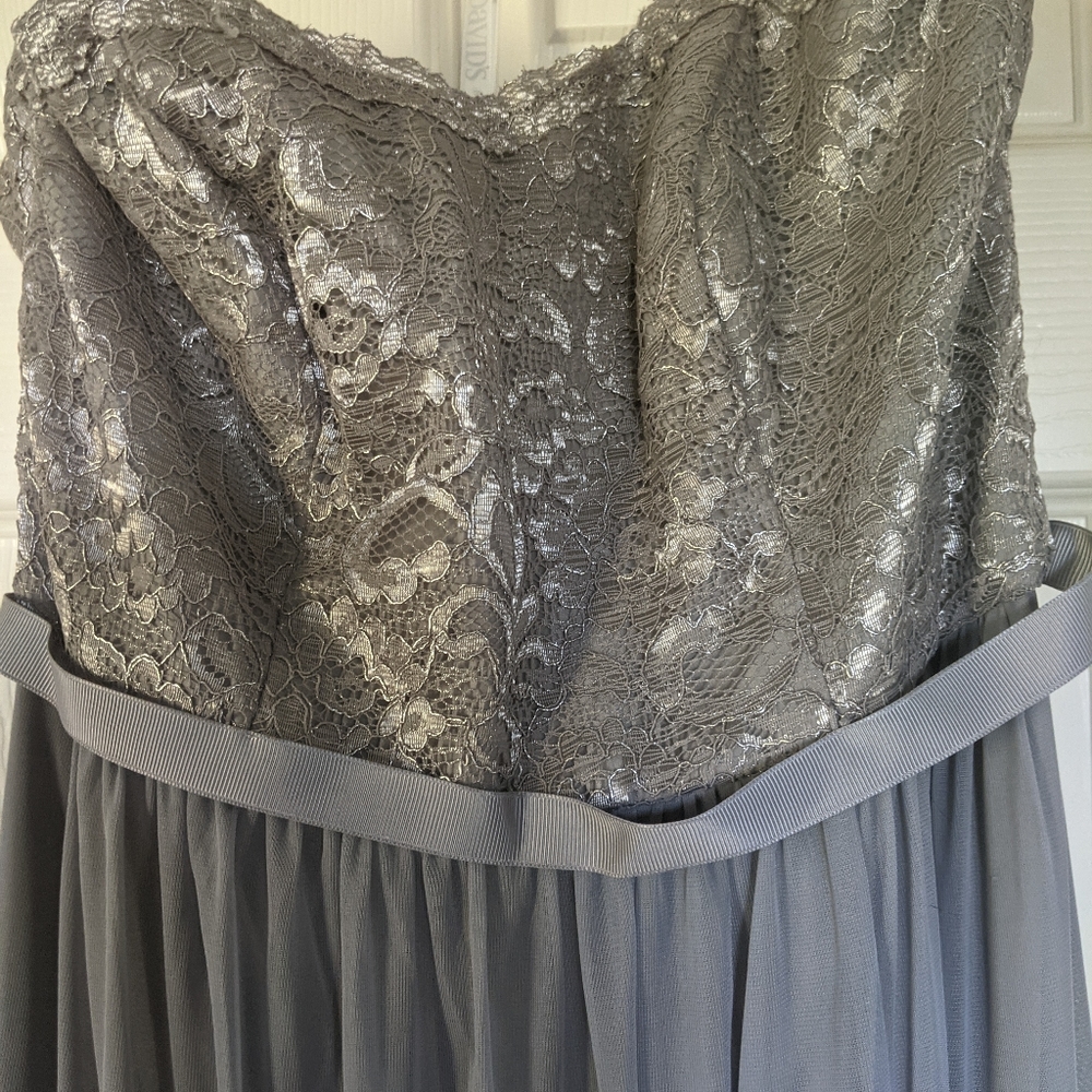 David's Bridal Silver Lace Strapless Maxi, Medium